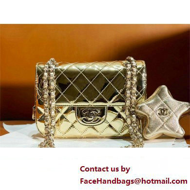 chanel Metallic Mirror Calfskin, Metallic Lambskin  &  Gold-Tone Metal Mini Flap Bag  &  Star Coin Purse AS4646 light gold 2024